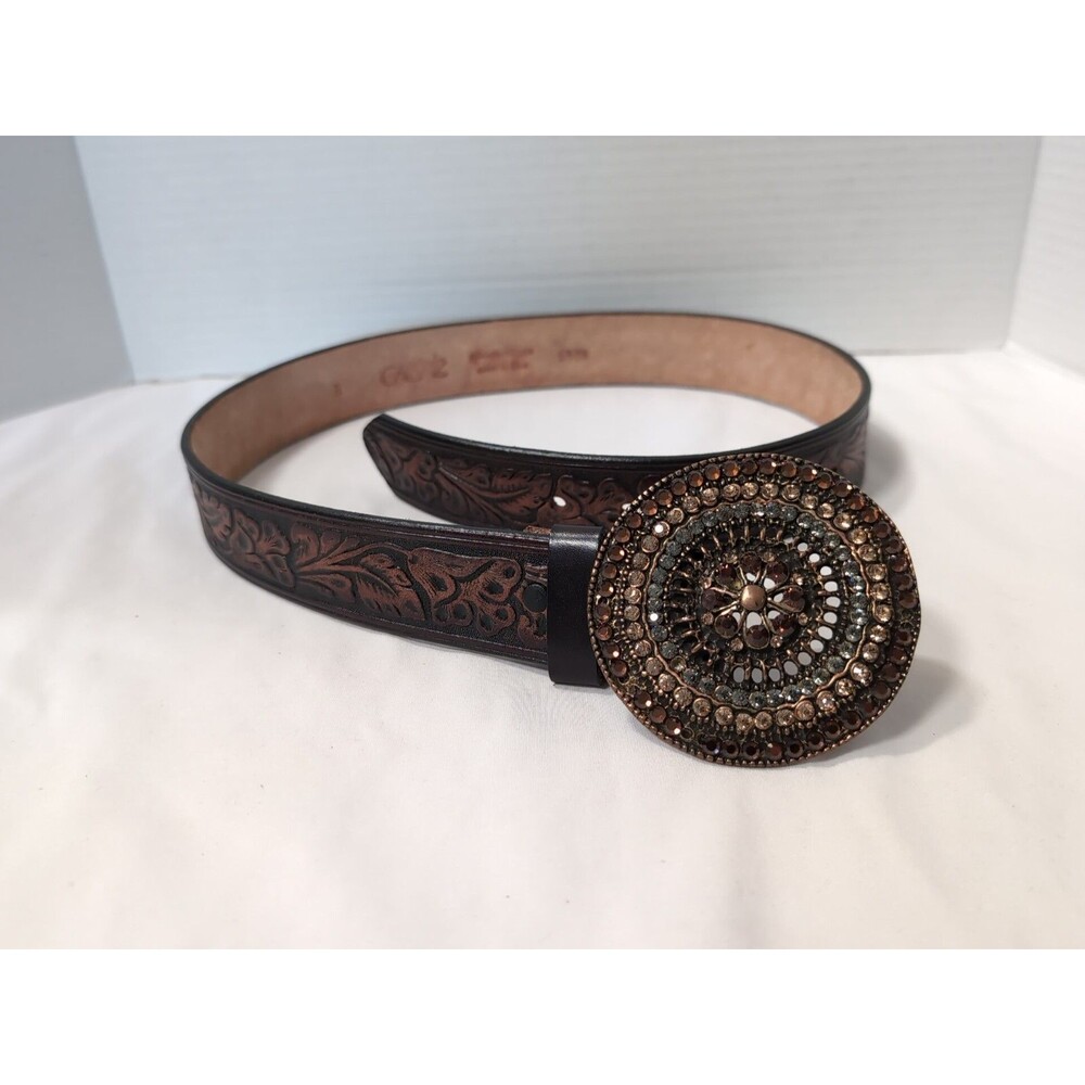 Cache BELT BROWN GENUINE LEATHER STUDDED MEDALLION BUCKLE WOMEN'S SZ SMALL 28-30